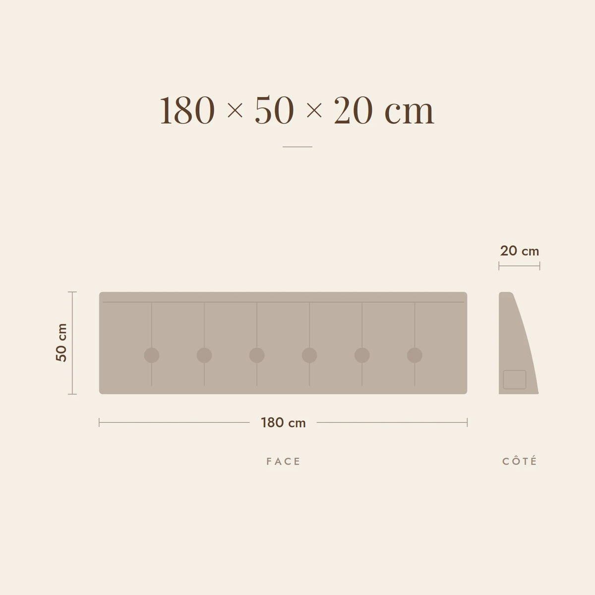 Dimensions du coussin Opéra pour un lit de 180 cm : 180 × 50 × 20 cm