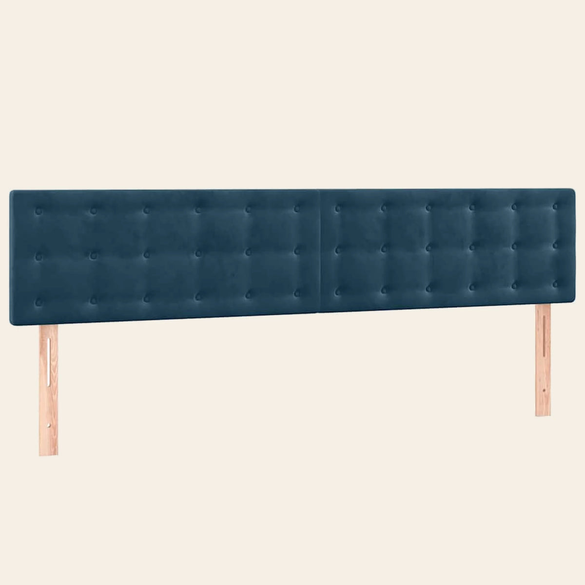 Tête de lit boutonnée en velours Dauphine, coloris bleu canard, sur pieds en bois