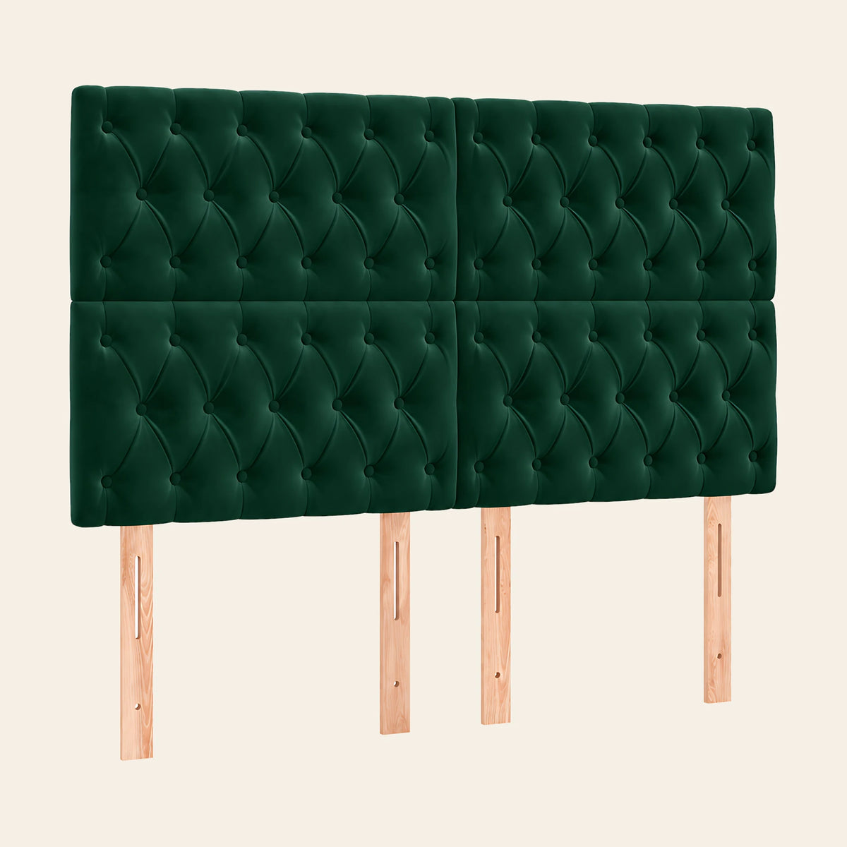 Tête de lit haute capitonnée en velours Concorde, coloris vert sapin, sur pieds en bois