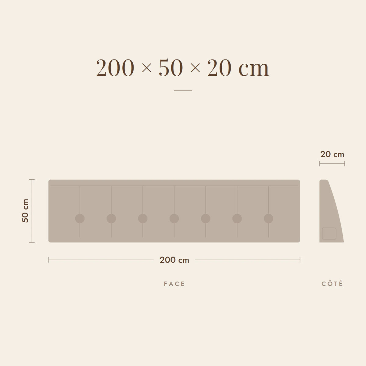 Dimensions du coussin Opéra pour un lit de 200 cm : 200 × 50 × 20 cm