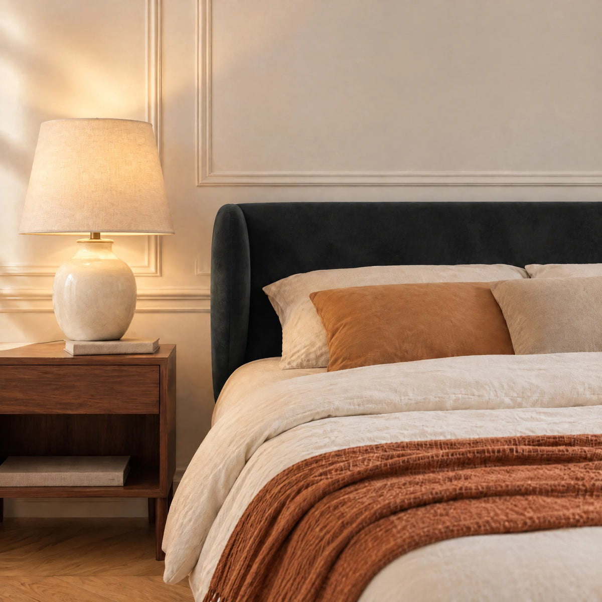 Tête de lit à oreilles arrondies en velours Solférino noir dans une chambre, avec table de chevet et lampe