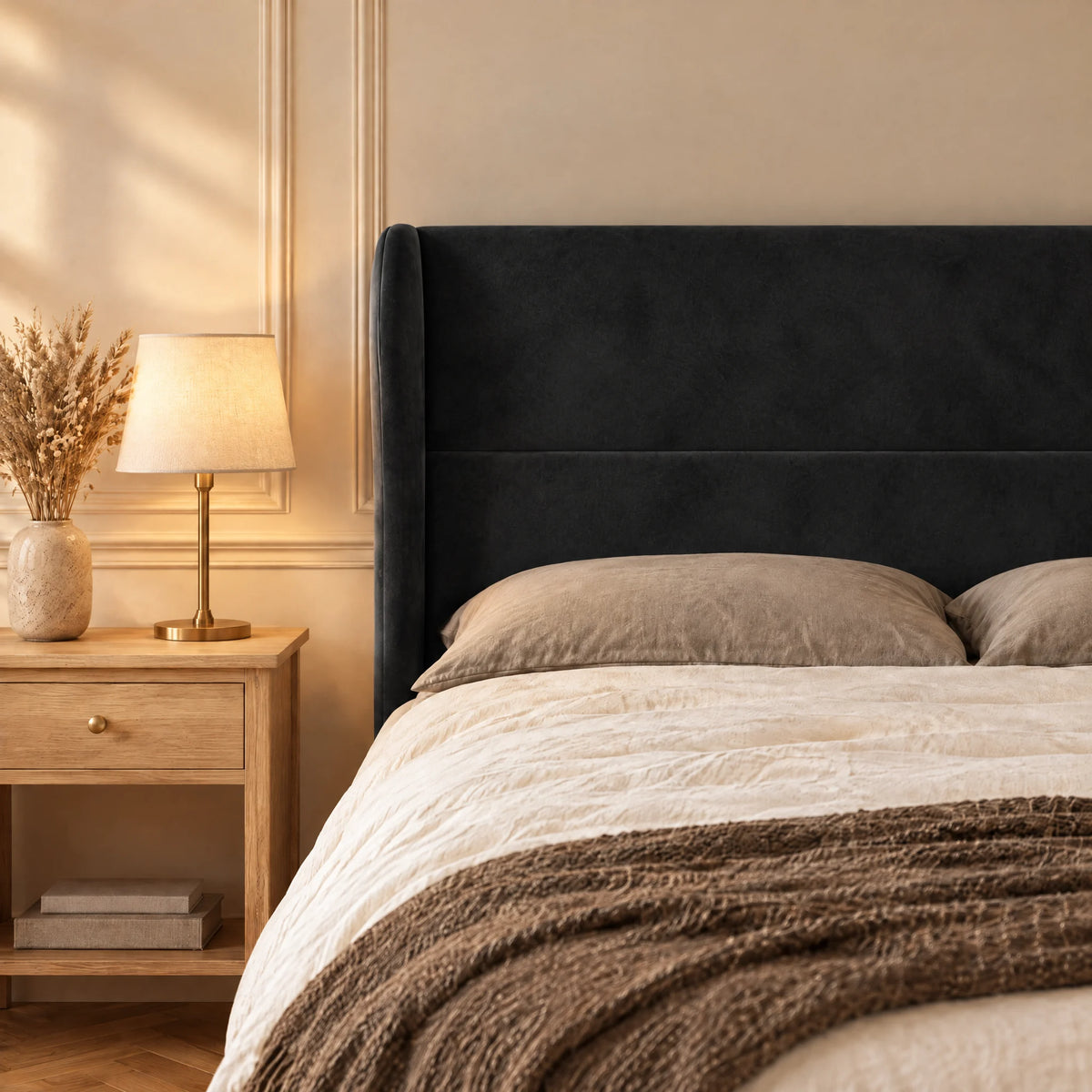 Tête de lit haute à oreilles arrondies en velours Haussmann noir dans une chambre, avec table de chevet et lampe