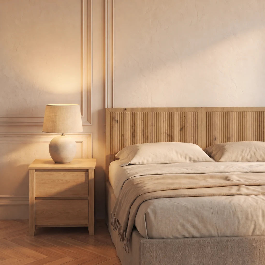 Tête de lit murale en bois cannelé Saint-Germain, finition chêne naturel, dans une chambre, avec table de chevet et lampe