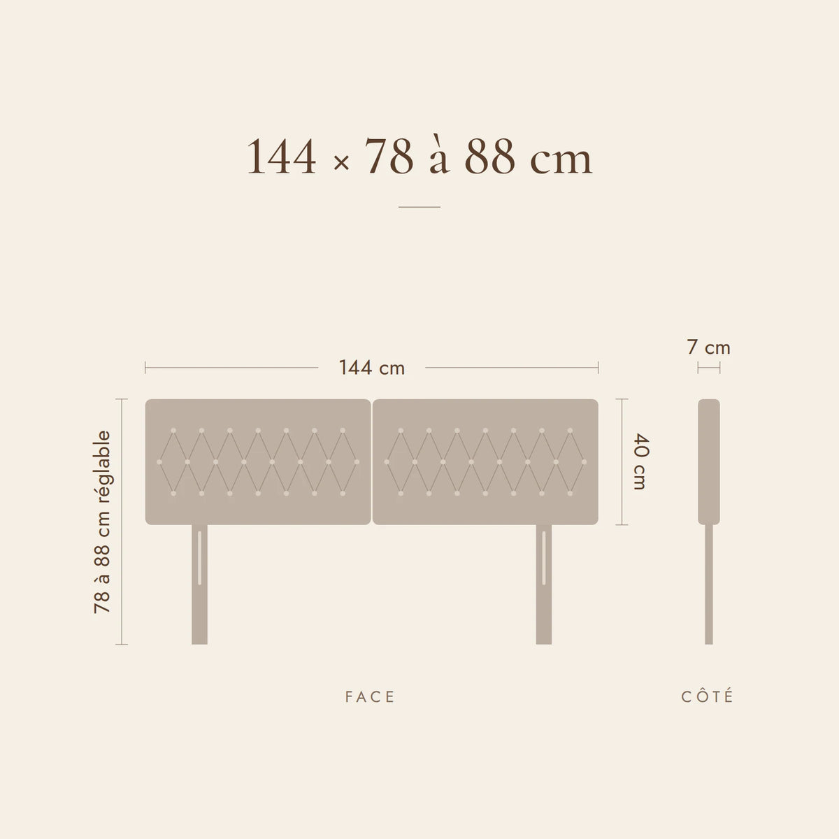 Dimensions de la tête de lit Alma pour un lit de 140 cm : 144 cm de large, 78 à 88 cm de haut