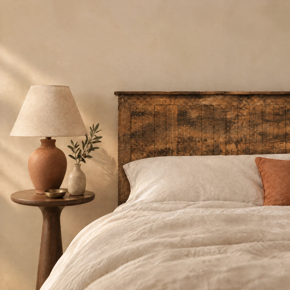 Tête de lit en bois à poser Monceau bois vieilli dans une chambre, avec table de chevet et lampe