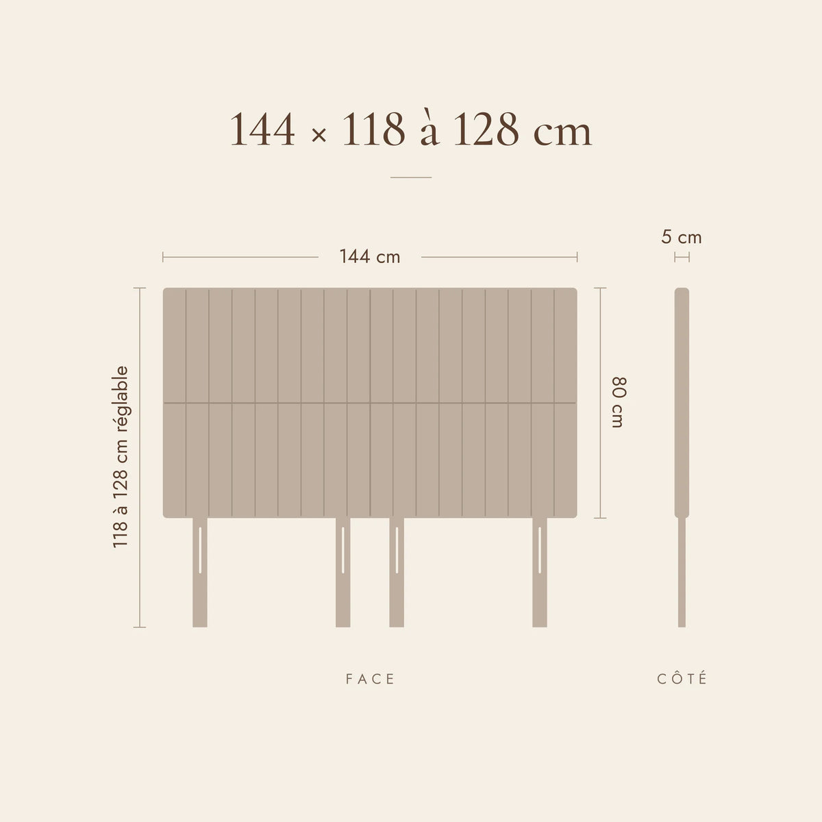 Dimensions de la tête de lit Étoile pour un lit de 140 cm : 144 cm de large, 118 à 128 cm de haut