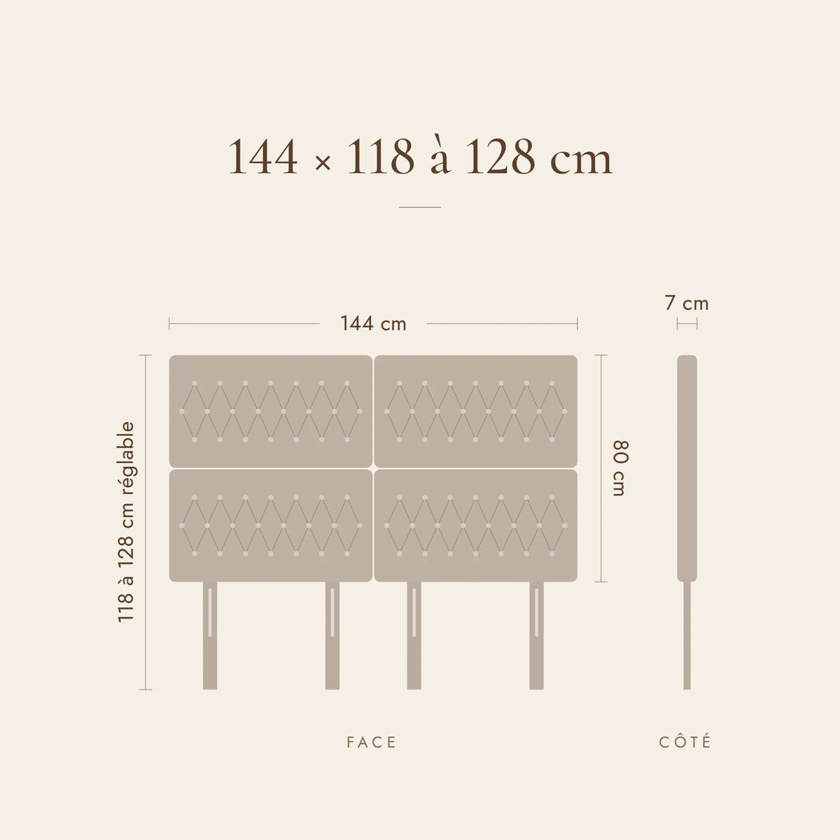 Dimensions de la tête de lit Concorde pour un lit de 140 cm : 144 cm de large, 118 à 128 cm de haut