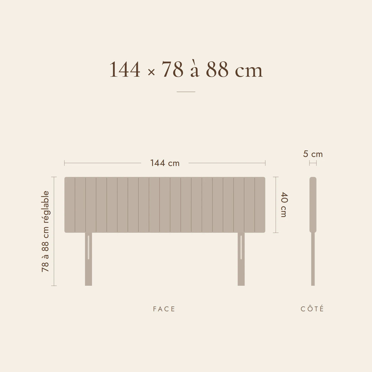 Dimensions de la tête de lit Madeleine pour un lit de 140 cm : 144 cm de large, 78 à 88 cm de haut
