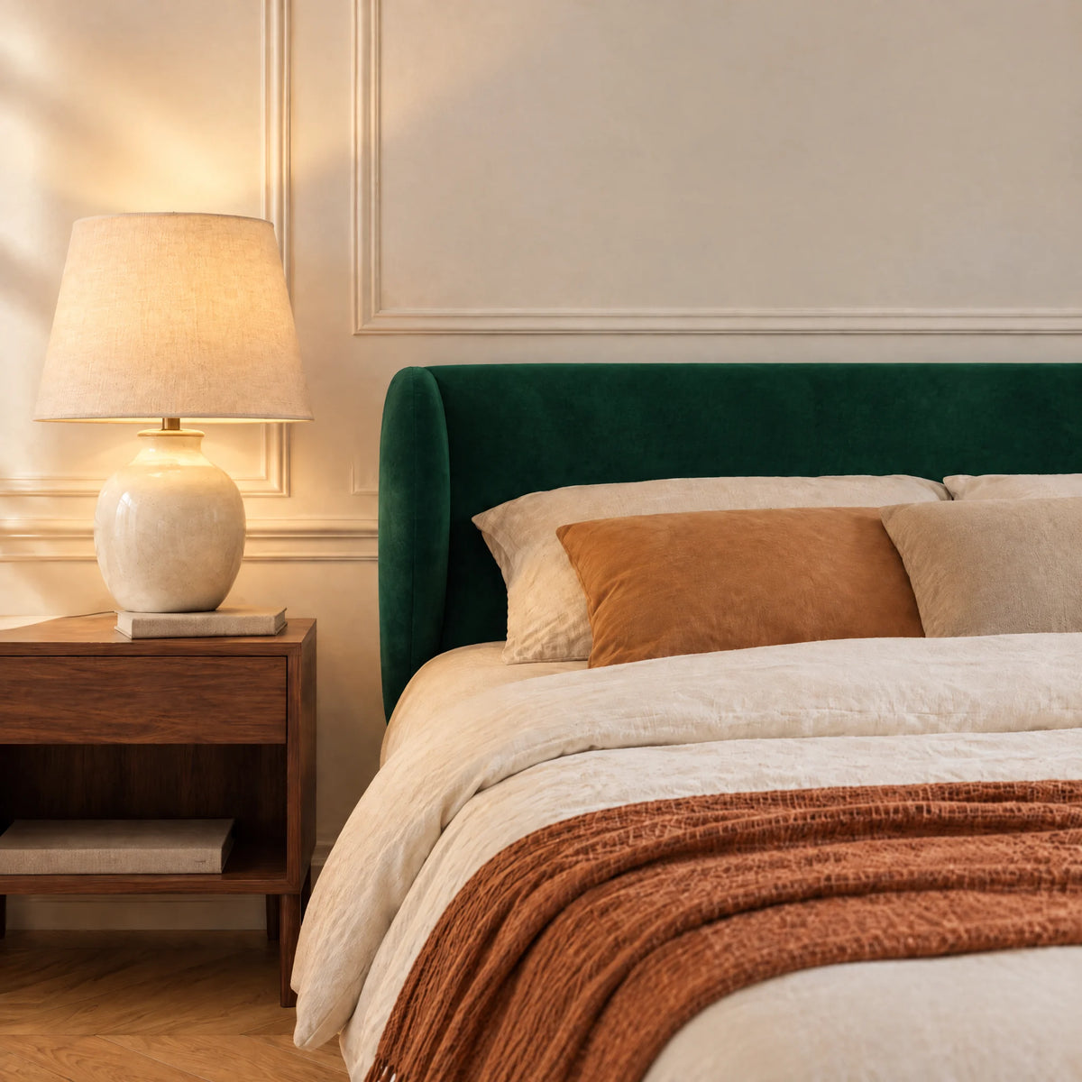 Tête de lit à oreilles arrondies en velours Solférino vert sapin dans une chambre, avec table de chevet et lampe