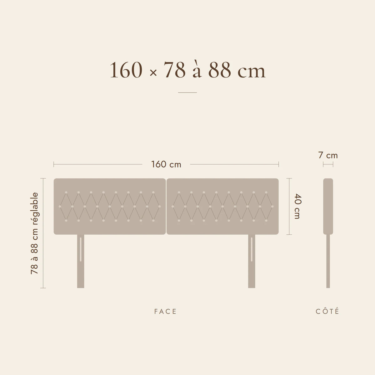 Dimensions de la tête de lit Alma pour un lit de 160 cm : 160 cm de large, 78 à 88 cm de haut