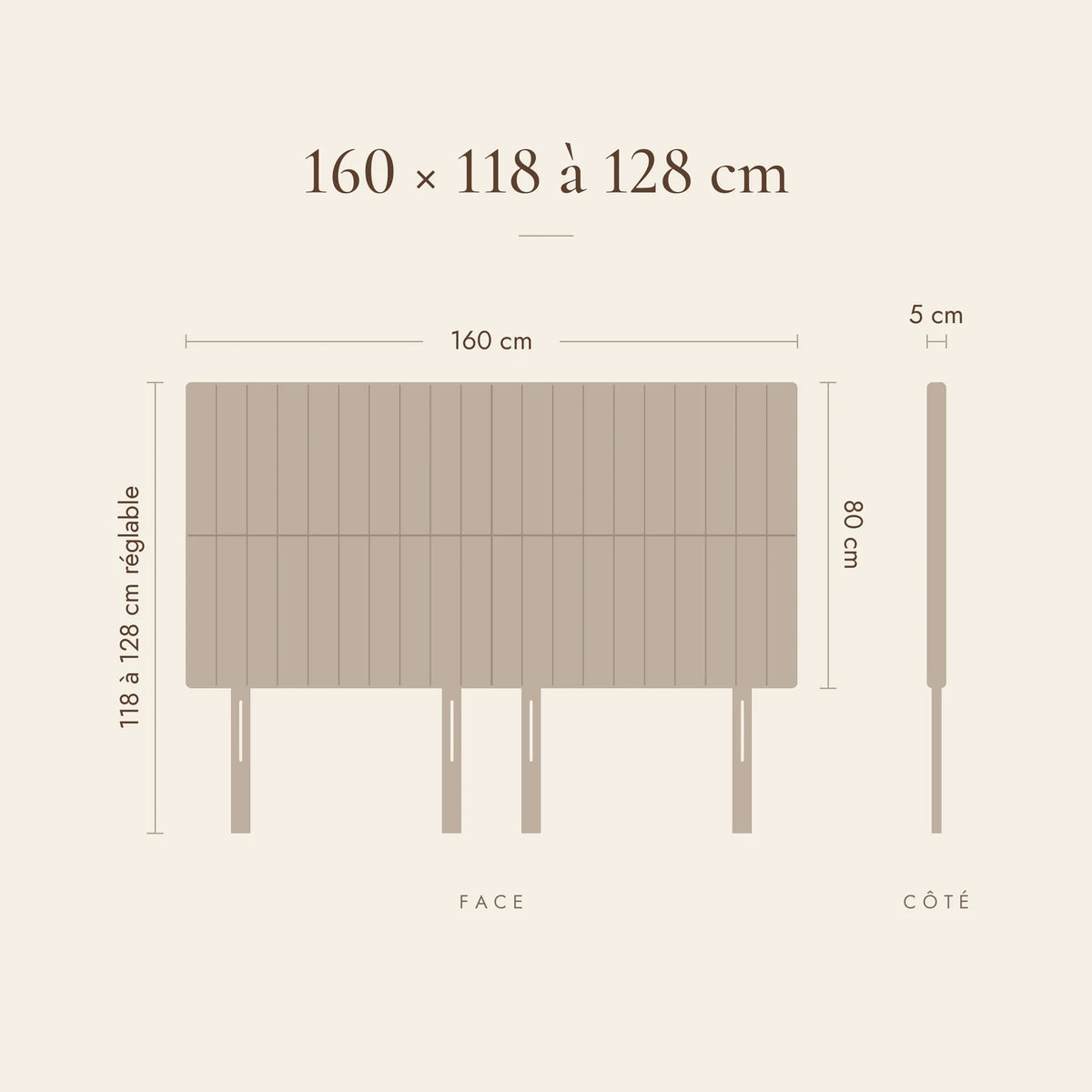 Dimensions de la tête de lit Étoile pour un lit de 160 cm : 160 cm de large, 118 à 128 cm de haut