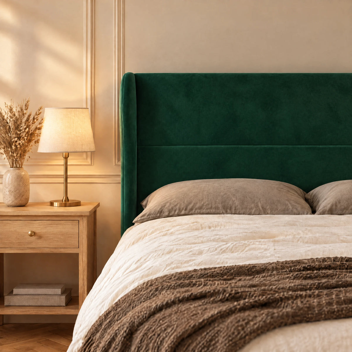 Tête de lit haute à oreilles arrondies en velours Haussmann vert sapin dans une chambre, avec table de chevet et lampe