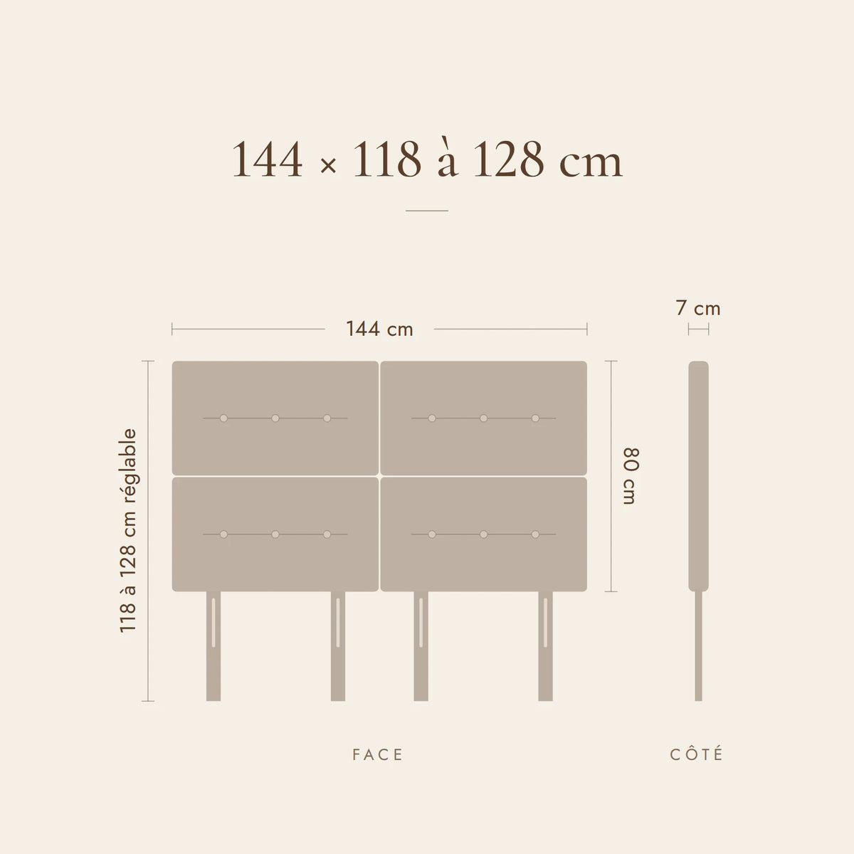 Dimensions de la tête de lit Bastille pour un lit de 140 cm : 144 cm de large, 118 à 128 cm de haut