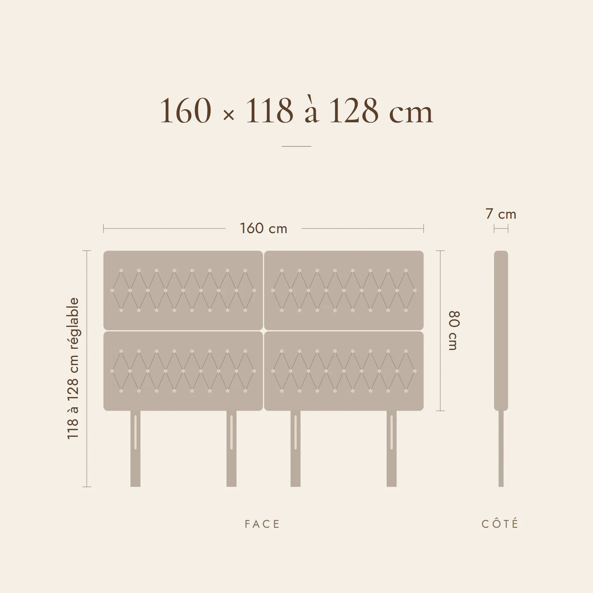 Dimensions de la tête de lit Concorde pour un lit de 160 cm : 160 cm de large, 118 à 128 cm de haut