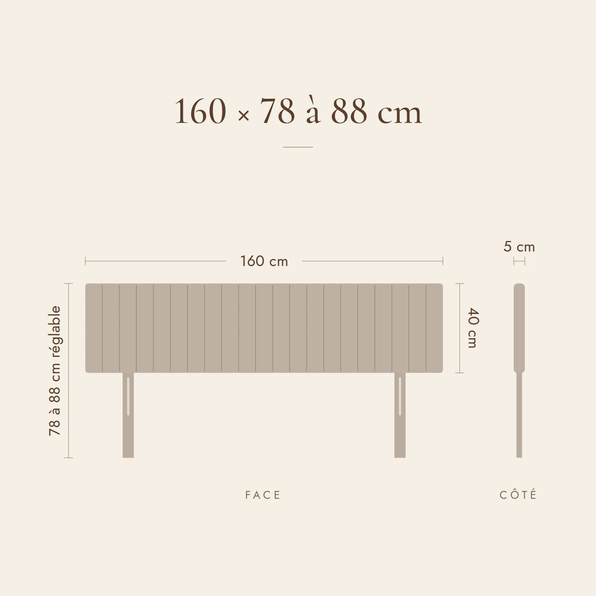 Dimensions de la tête de lit Madeleine pour un lit de 160 cm : 160 cm de large, 78 à 88 cm de haut