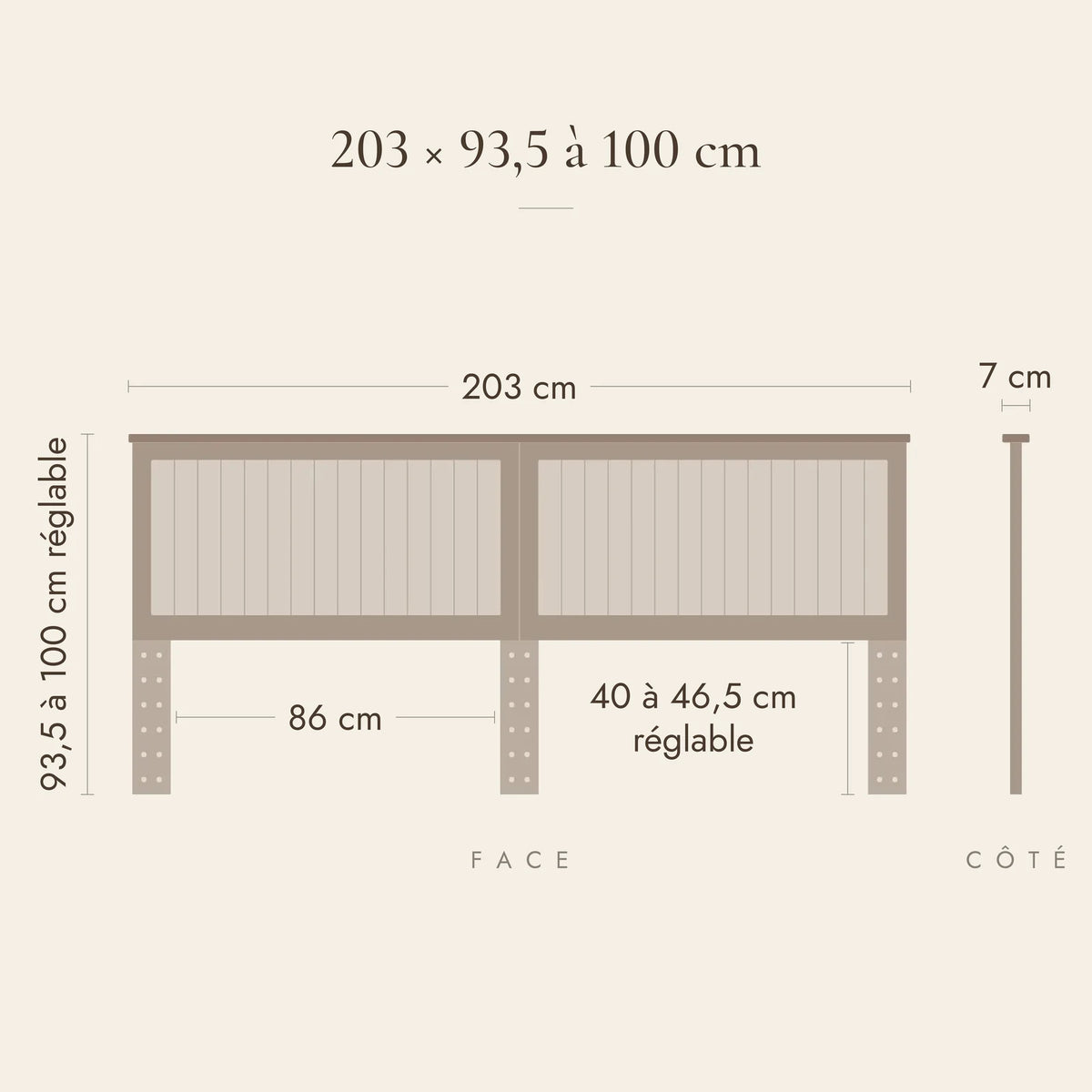 Dimensions de la tête de lit Monceau pour lit de 200 cm : 203 x 93,5 à 100 x 7 cm