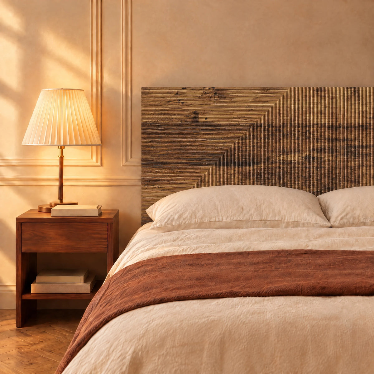 Tête de lit murale en bois à chevrons Saint-Honoré, finition bois vieilli, dans une chambre, avec table de chevet et lampe