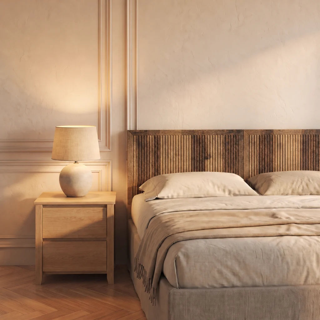 Tête de lit murale en bois cannelé Saint-Germain, finition bois vieilli, dans une chambre, avec table de chevet et lampe
