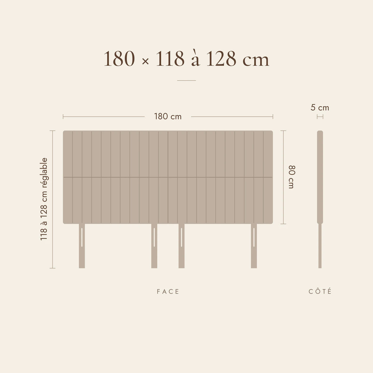 Dimensions de la tête de lit Étoile pour un lit de 180 cm : 180 cm de large, 118 à 128 cm de haut