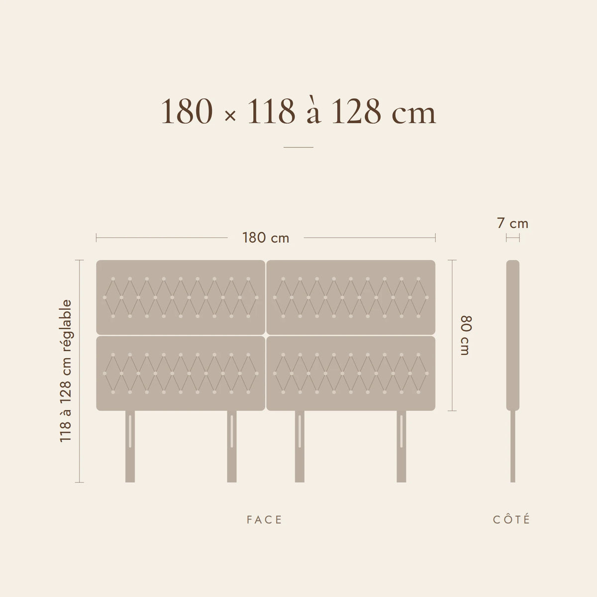 Dimensions de la tête de lit Concorde pour un lit de 180 cm : 180 cm de large, 118 à 128 cm de haut