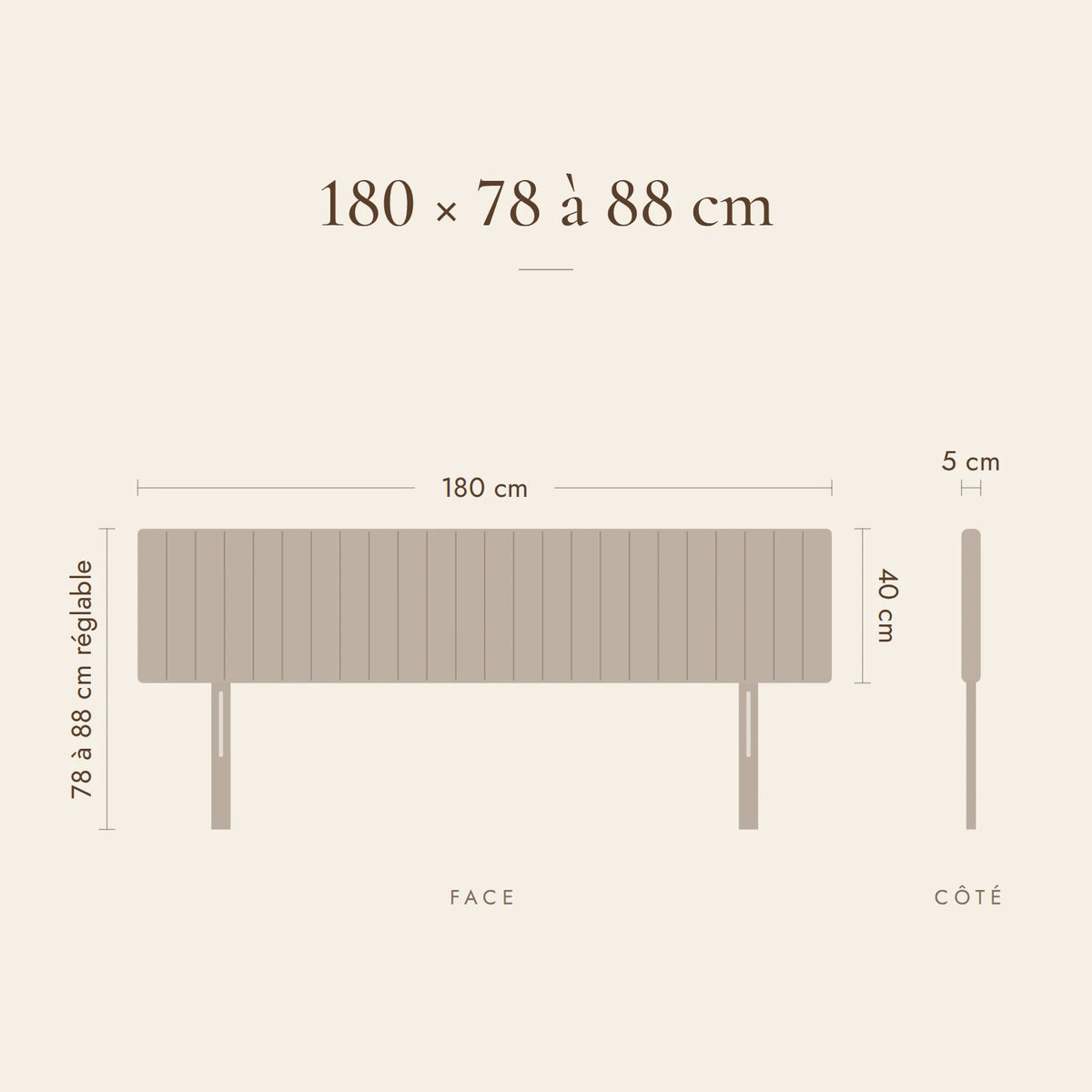Dimensions de la tête de lit Madeleine pour un lit de 180 cm : 180 cm de large, 78 à 88 cm de haut