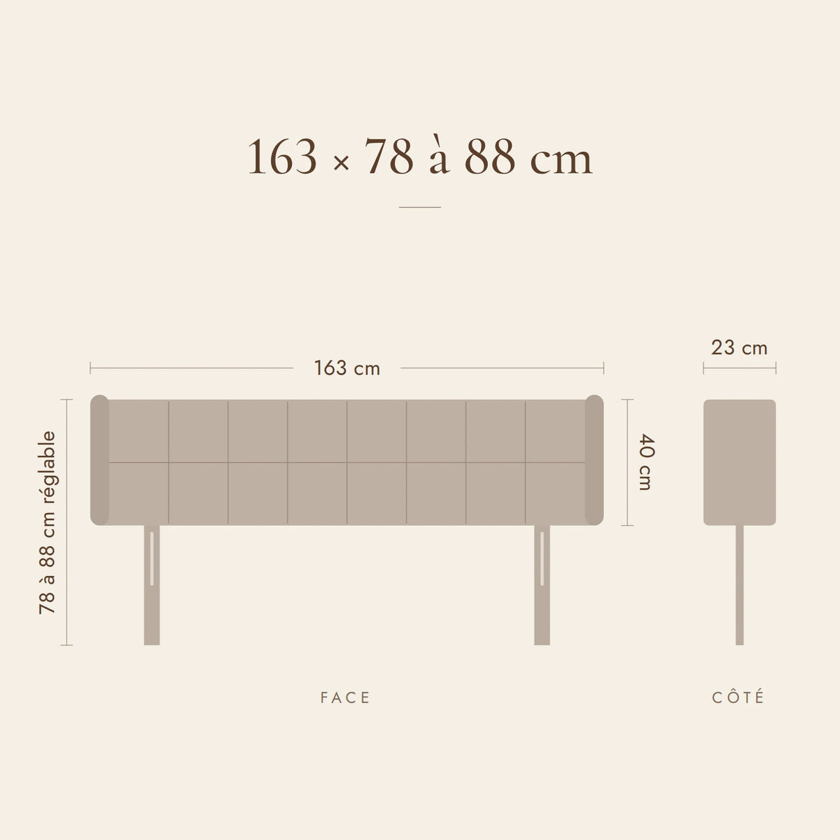 Dimensions de la tête de lit Passy pour un lit de 160 cm : 163 cm de large, 78 à 88 cm de haut