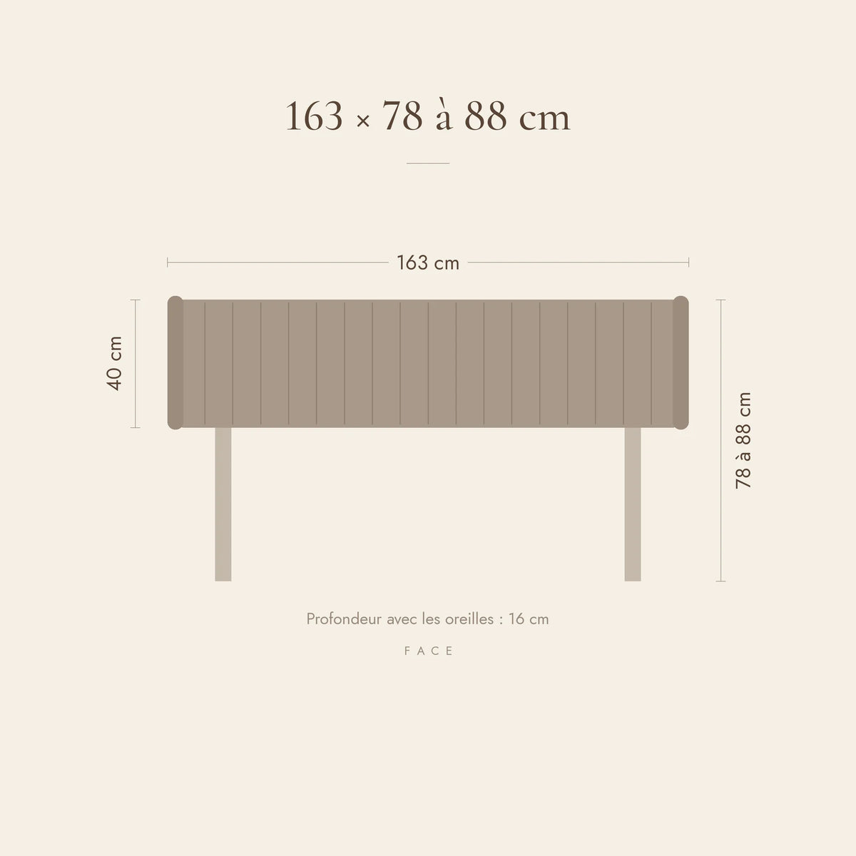 Dimensions de la tête de lit Varenne pour un lit de 160 cm : 163 cm de large, 78 à 88 cm de haut