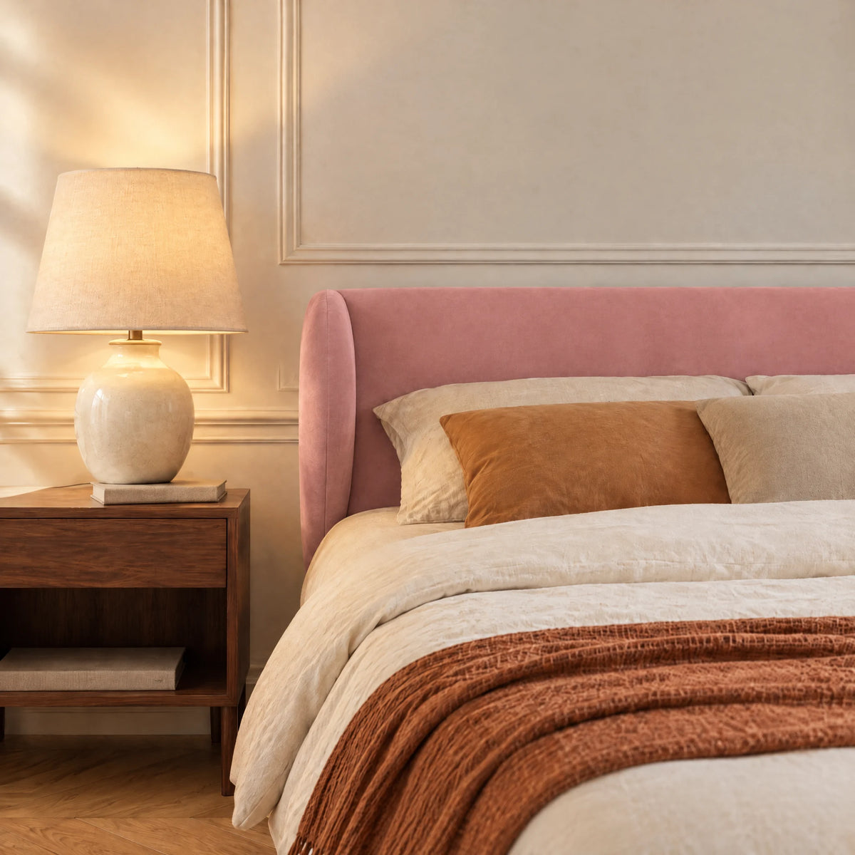 Tête de lit à oreilles arrondies en velours Solférino rose poudré dans une chambre, avec table de chevet et lampe