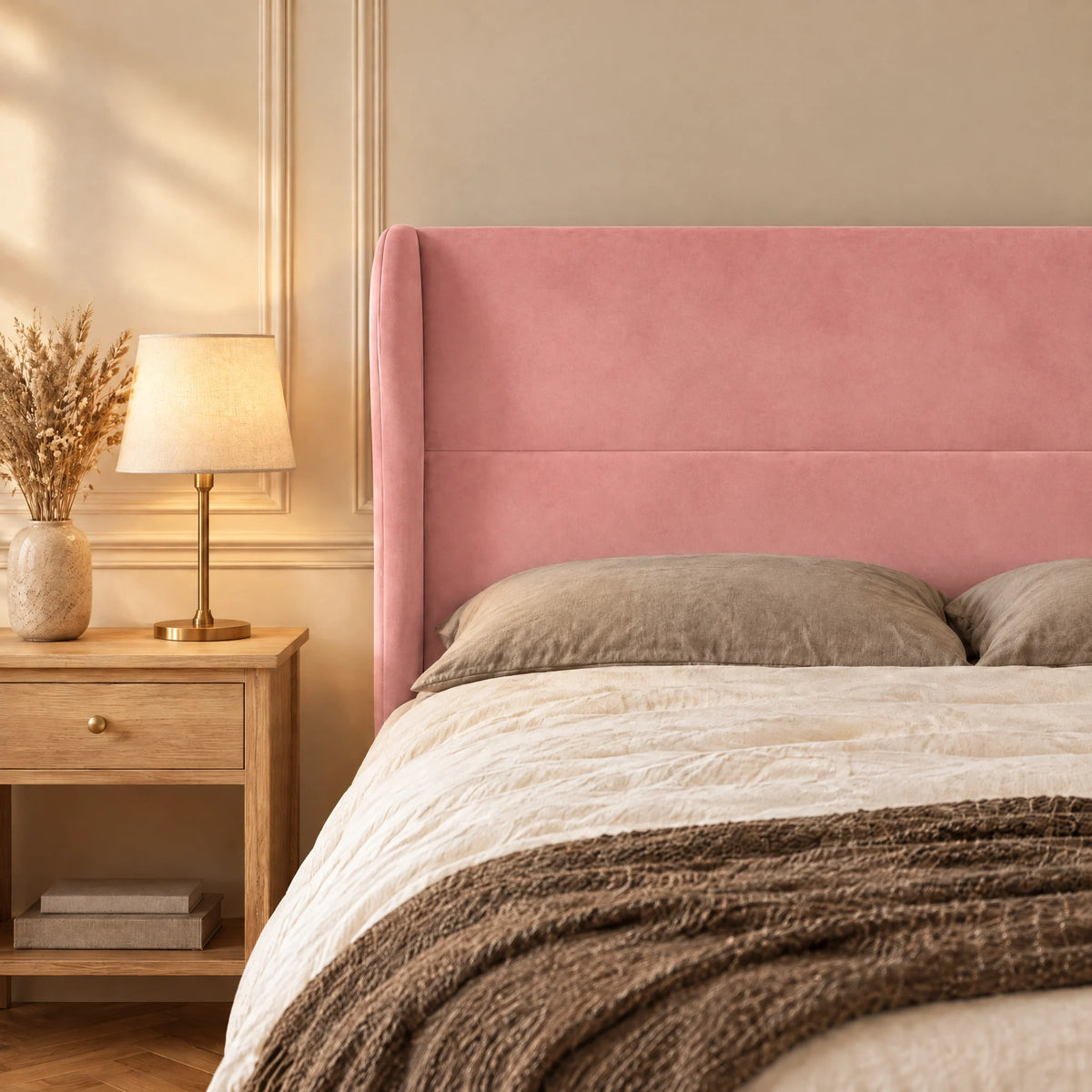 Tête de lit haute à oreilles arrondies en velours Haussmann rose poudré dans une chambre, avec table de chevet et lampe