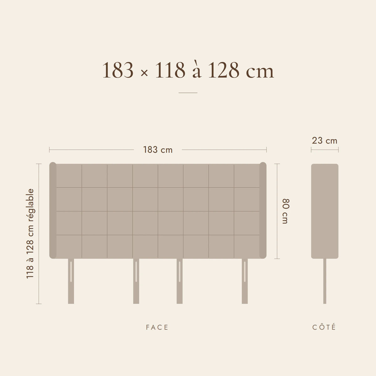 Dimensions de la tête de lit Trocadéro pour un lit de 180 cm : 183 cm de large, 118 à 128 cm de haut