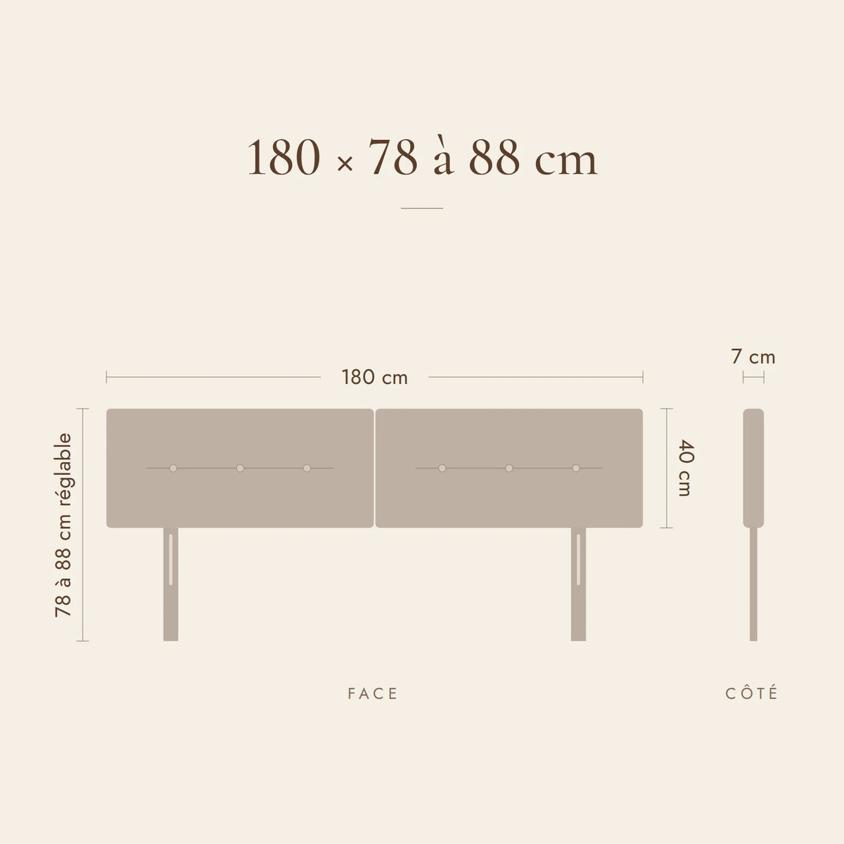 Dimensions de la tête de lit Marais pour un lit de 180 cm : 180 cm de large, 78 à 88 cm de haut