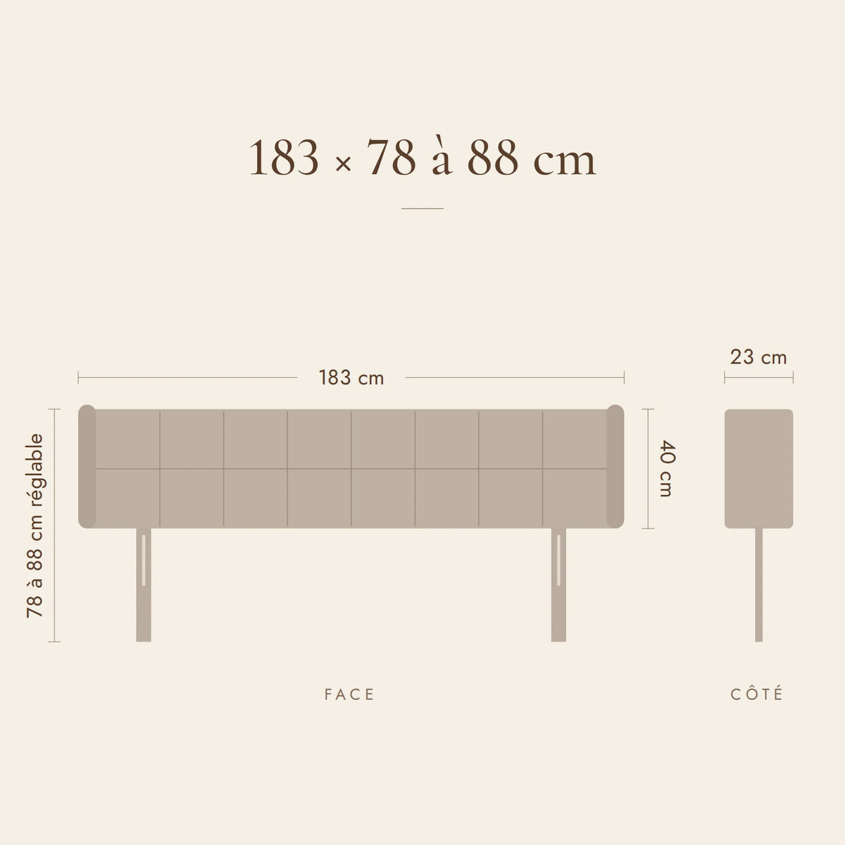 Dimensions de la tête de lit Passy pour un lit de 180 cm : 183 cm de large, 78 à 88 cm de haut