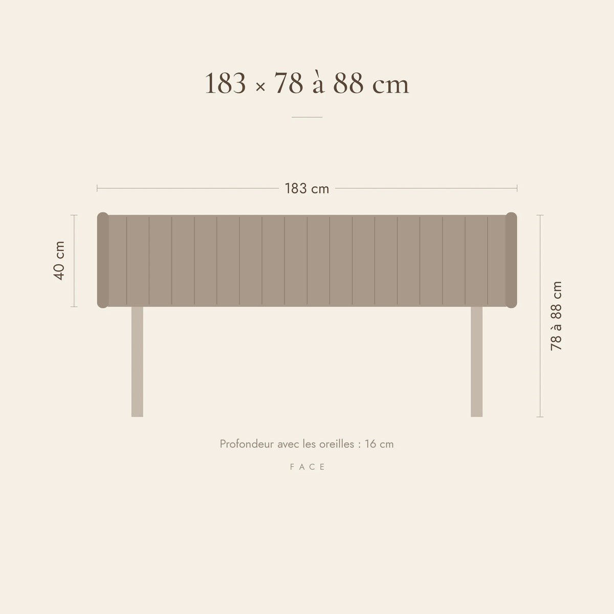 Dimensions de la tête de lit Varenne pour un lit de 180 cm : 183 cm de large, 78 à 88 cm de haut