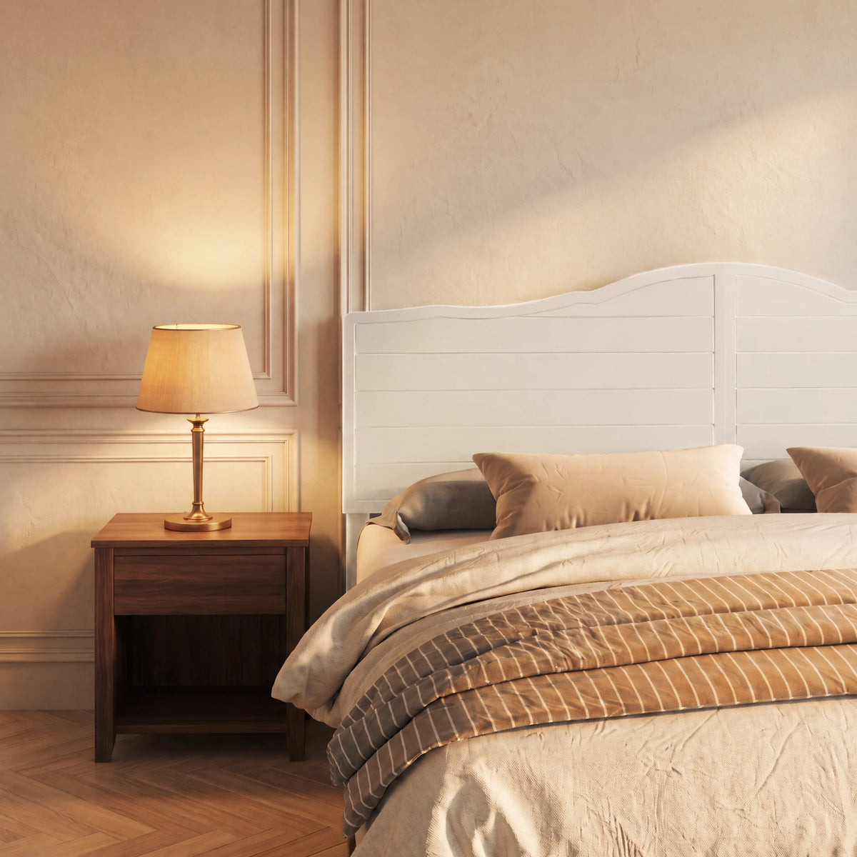 Tête de lit chantournée en bois Marigny, finition blanc, dans une chambre, avec table de chevet et lampe