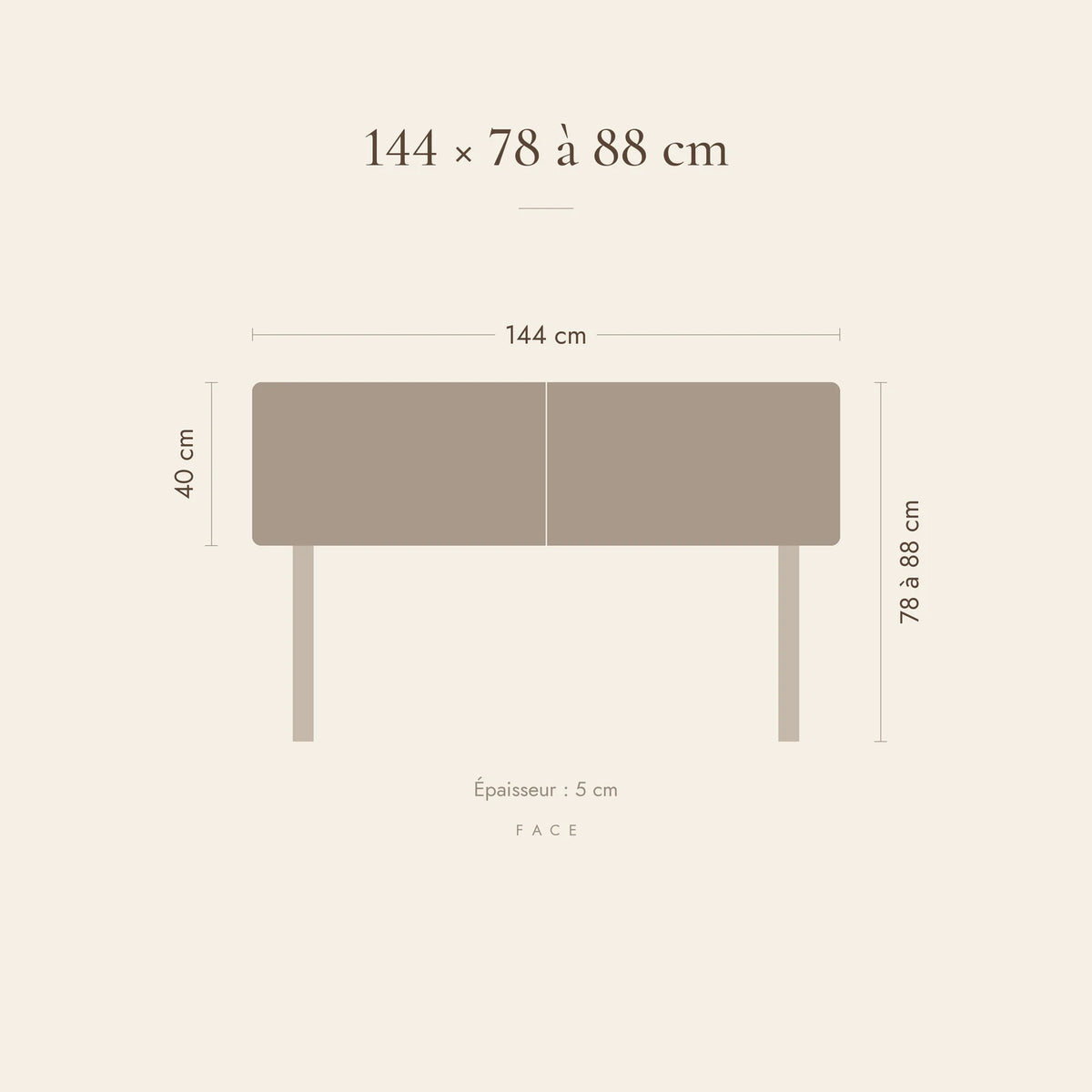Dimensions de la tête de lit Cluny pour un lit de 140 cm : 144 cm de large, 78 à 88 cm de haut