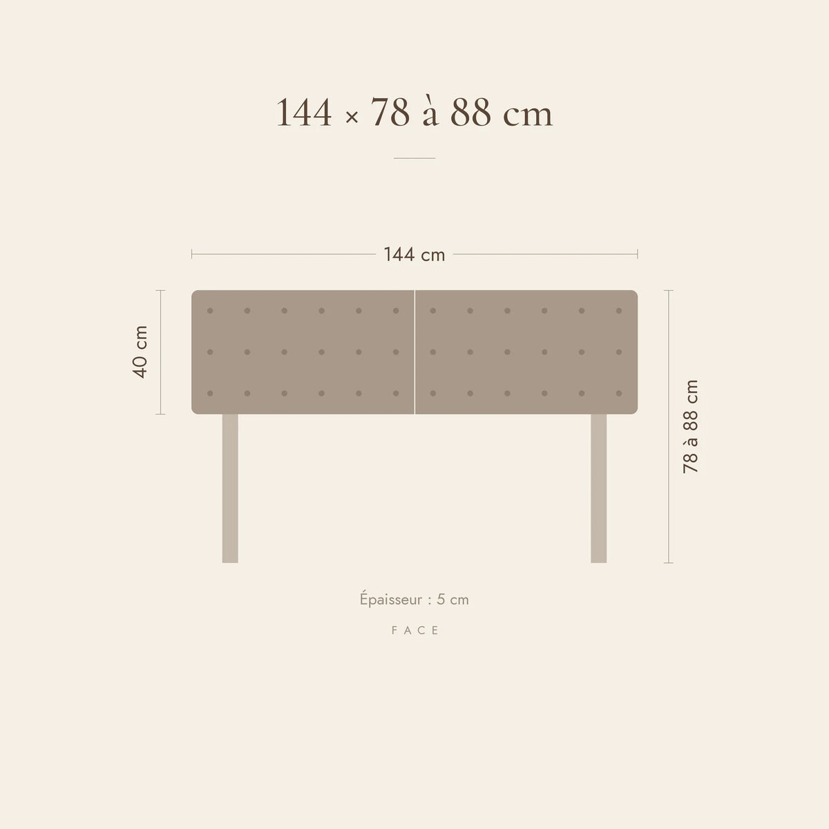 Dimensions de la tête de lit Dauphine pour un lit de 140 cm : 144 cm de large, 78 à 88 cm de haut
