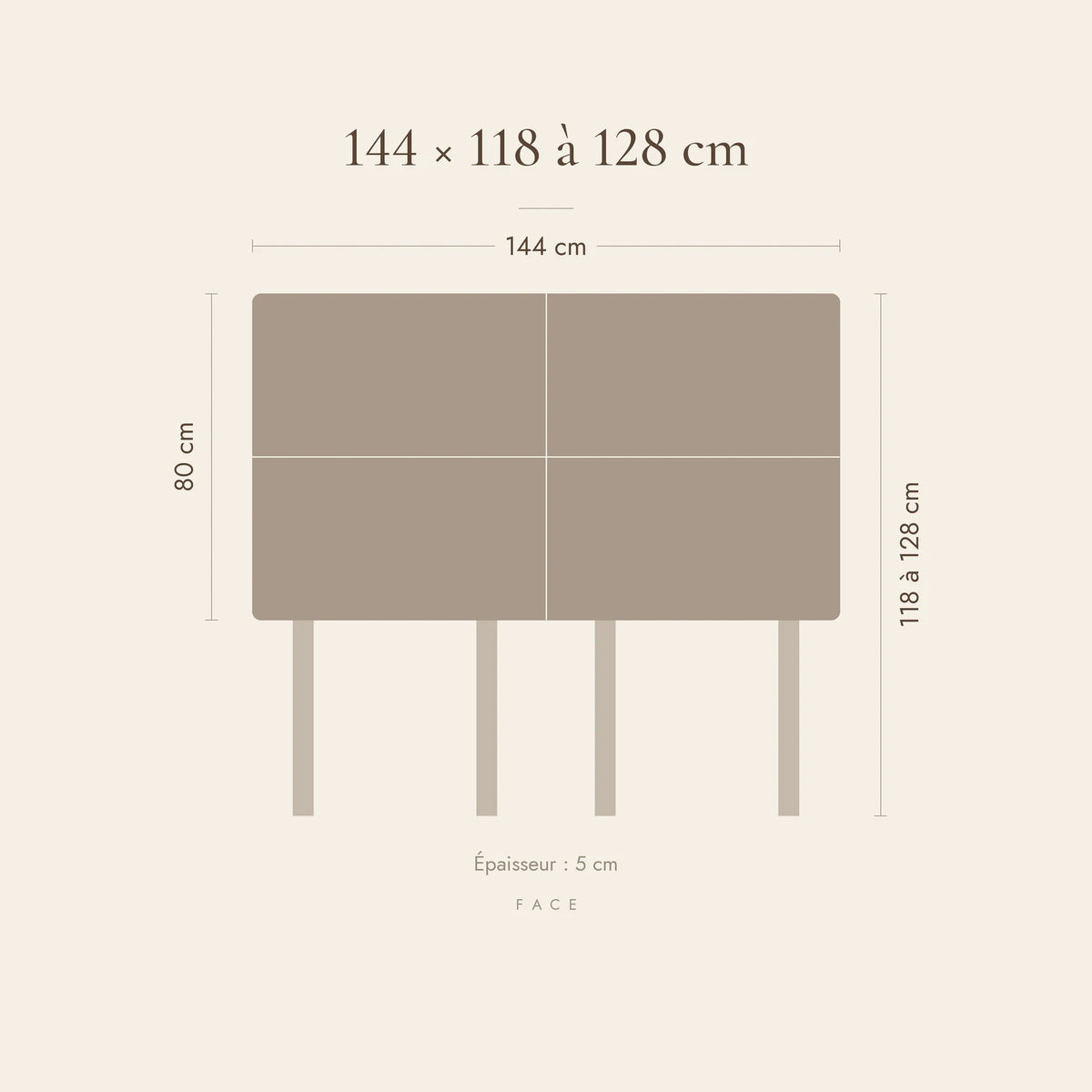 Dimensions de la tête de lit Châtelet pour un lit de 140 cm : 144 cm de large, 118 à 128 cm de haut