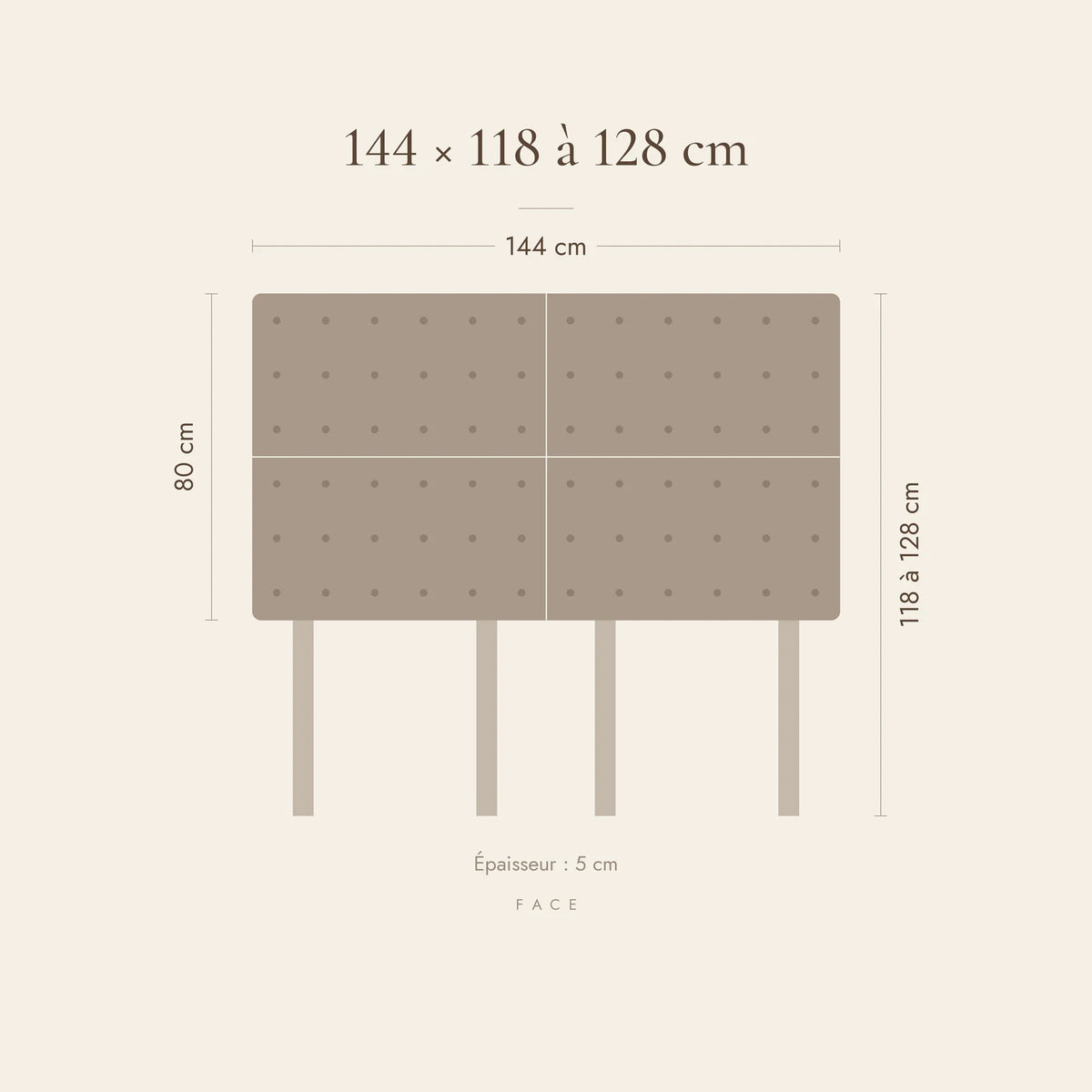 Dimensions de la tête de lit Invalides pour un lit de 140 cm : 144 cm de large, 118 à 128 cm de haut