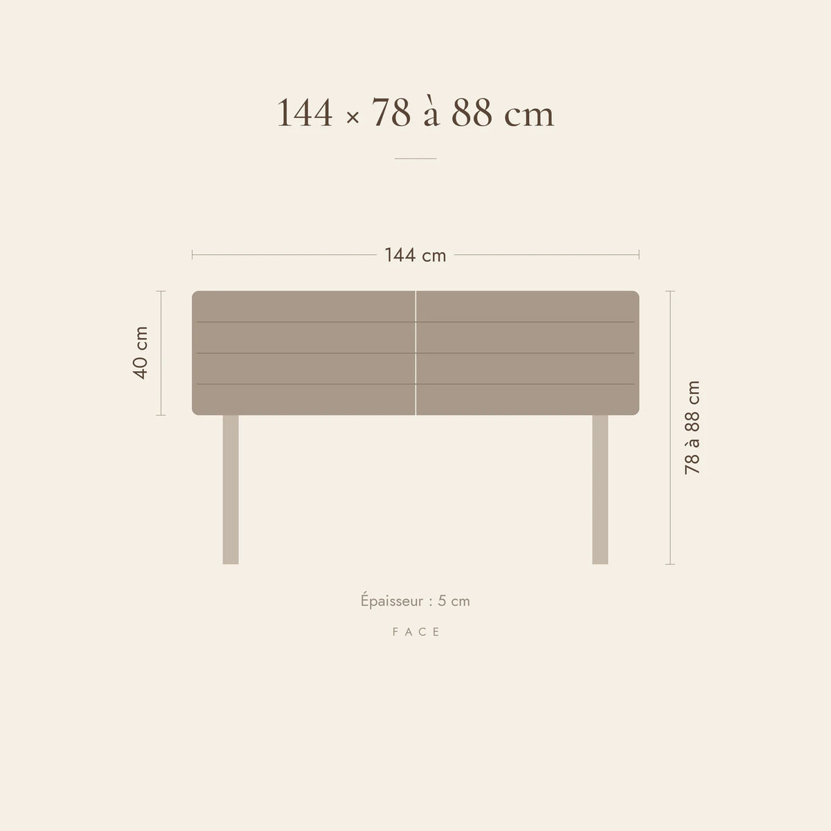 Dimensions de la tête de lit Vivienne pour un lit de 140 cm : 144 cm de large, 78 à 88 cm de haut