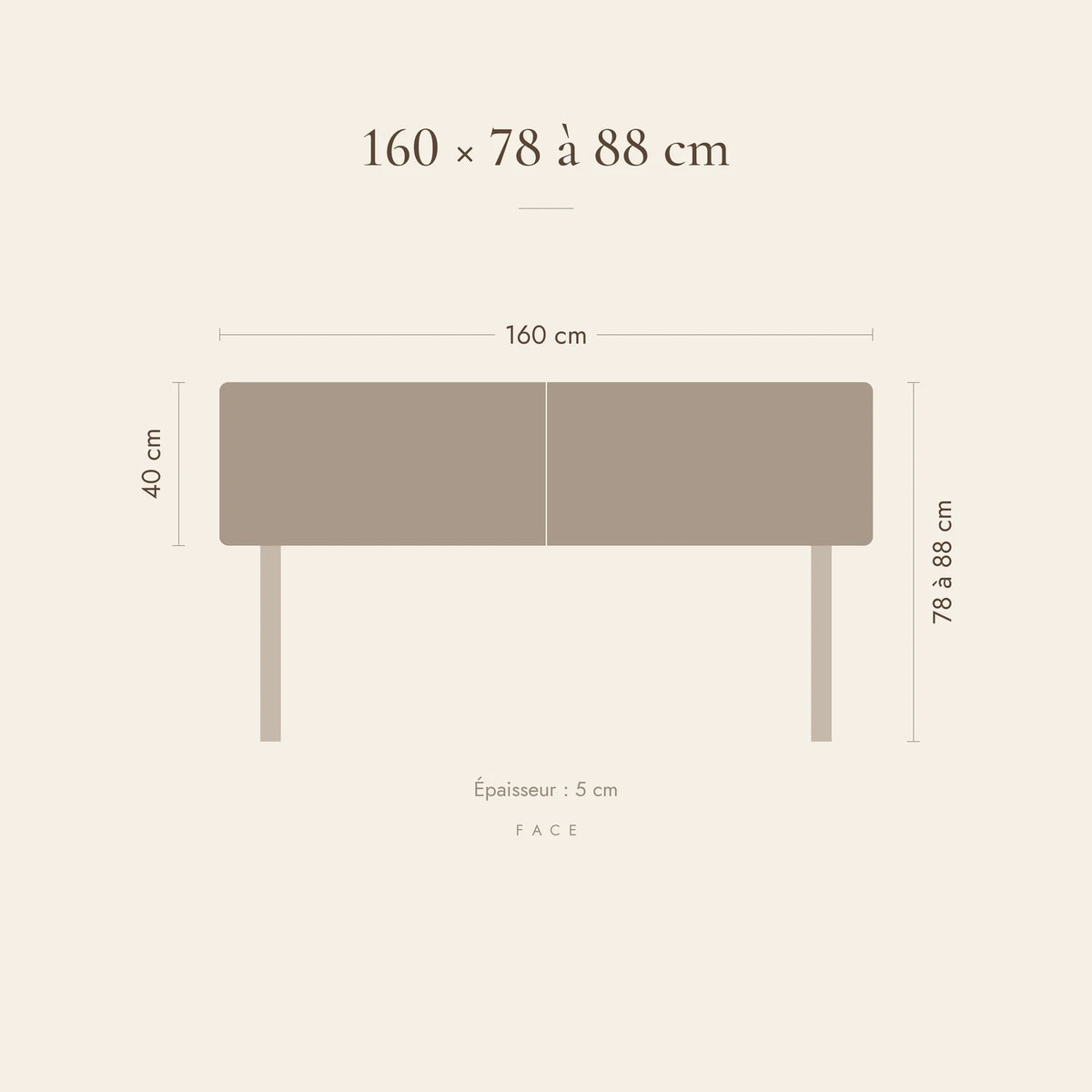 Dimensions de la tête de lit Cluny pour un lit de 160 cm : 160 cm de large, 78 à 88 cm de haut