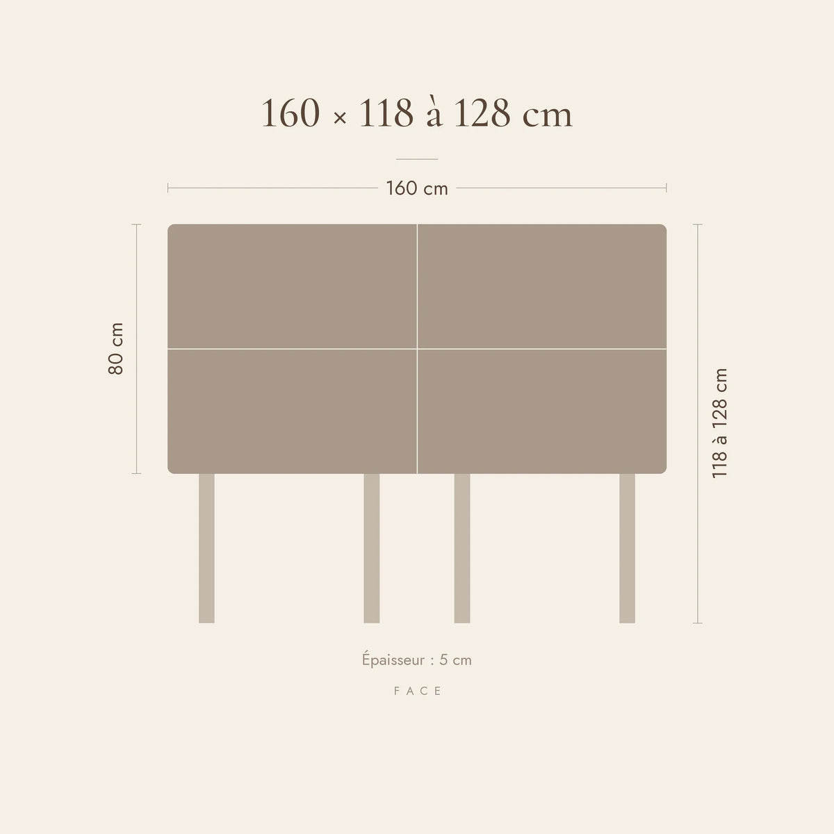 Dimensions de la tête de lit Châtelet pour un lit de 160 cm : 160 cm de large, 118 à 128 cm de haut