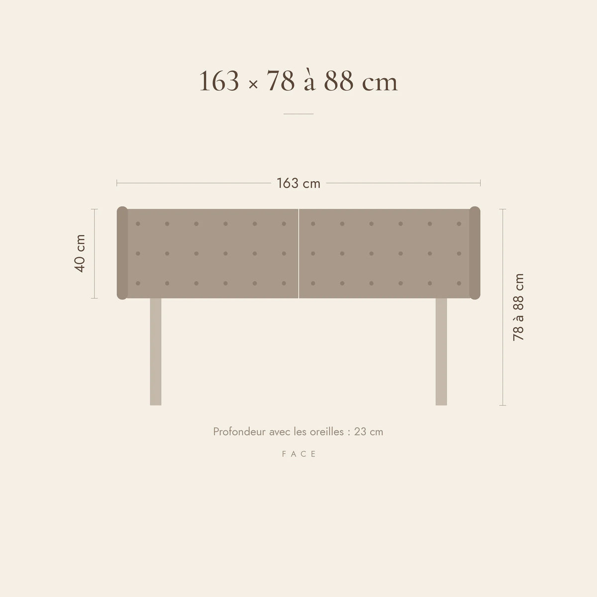 Dimensions de la tête de lit Auteuil pour un lit de 160 cm : 163 cm de large, 78 à 88 cm de haut