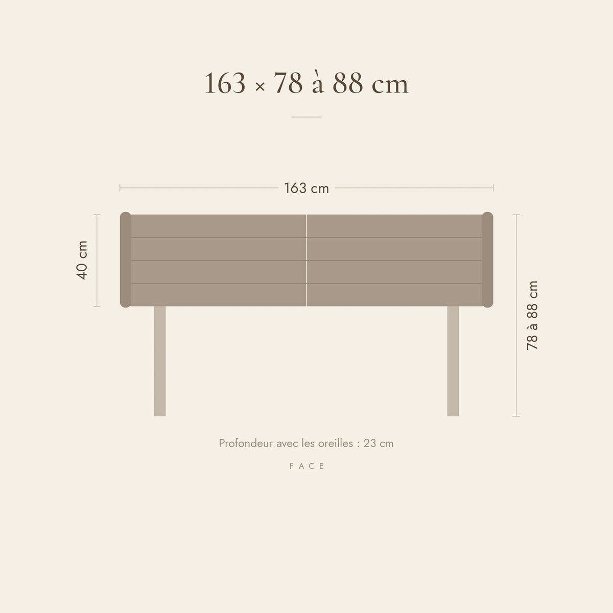 Dimensions de la tête de lit Bagatelle pour un lit de 160 cm : 163 cm de large, 78 à 88 cm de haut