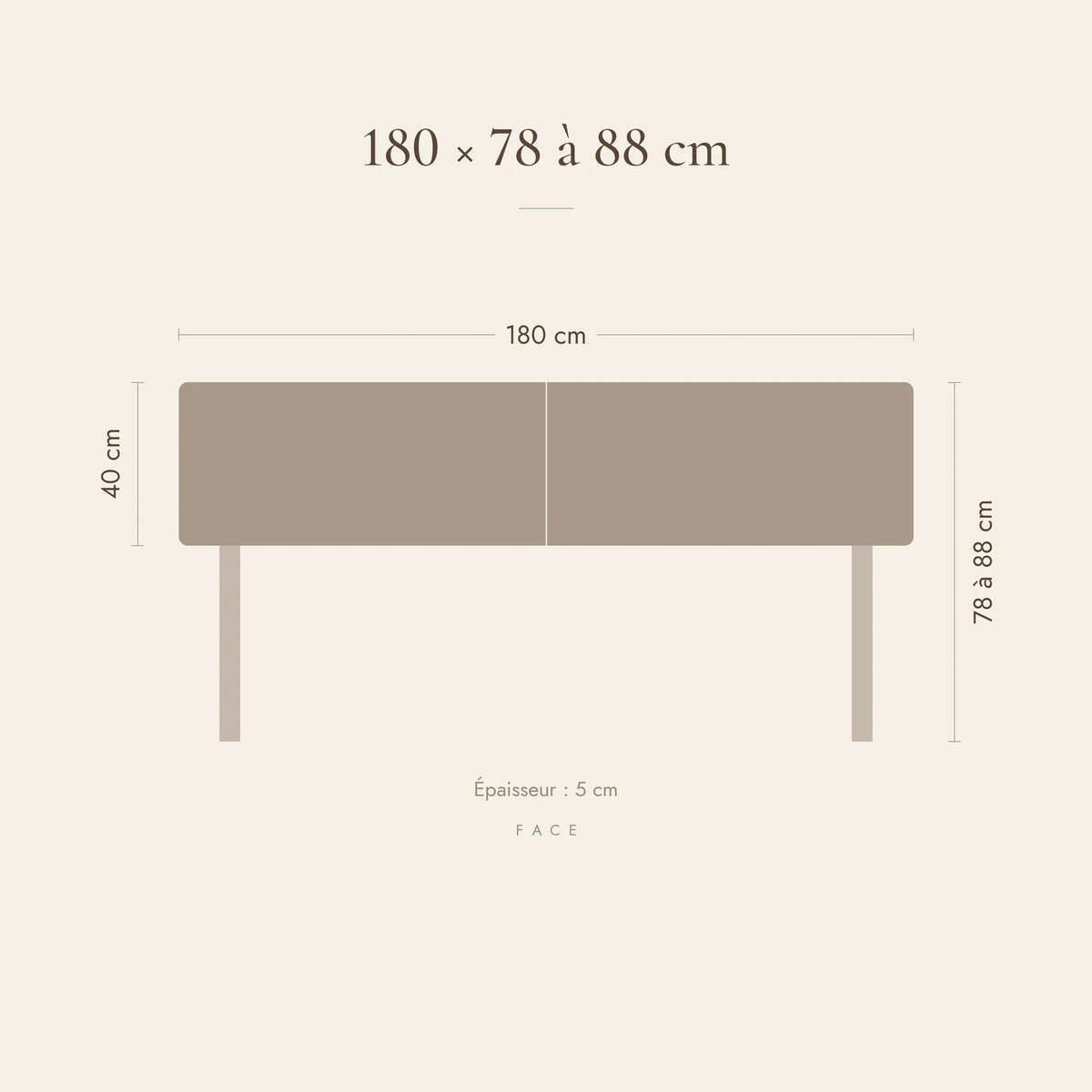 Dimensions de la tête de lit Cluny pour un lit de 180 cm : 180 cm de large, 78 à 88 cm de haut