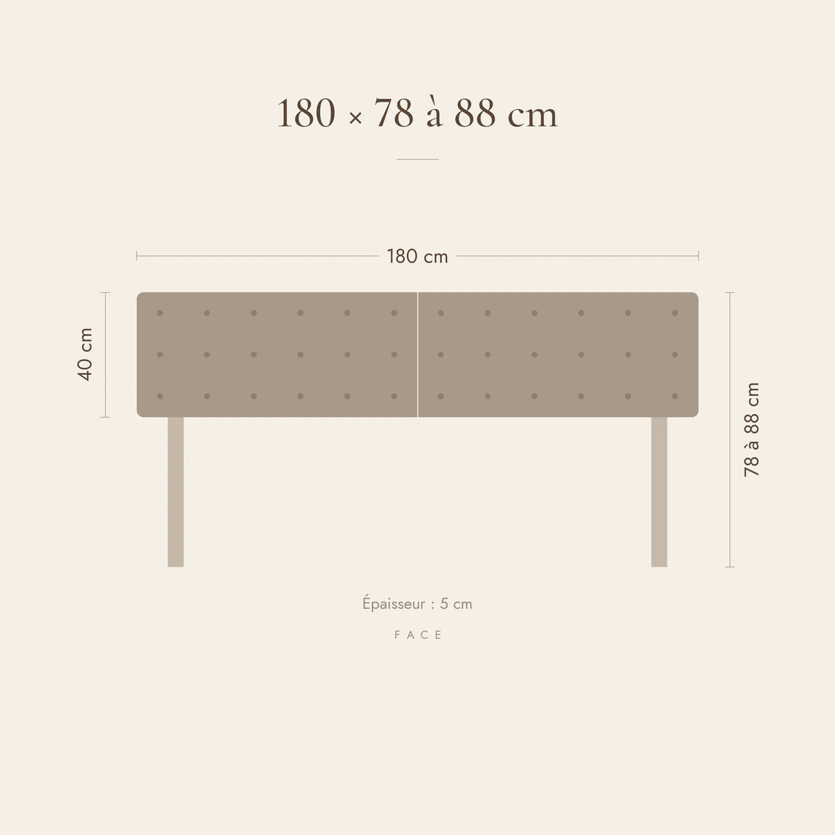 Dimensions de la tête de lit Dauphine pour un lit de 180 cm : 180 cm de large, 78 à 88 cm de haut