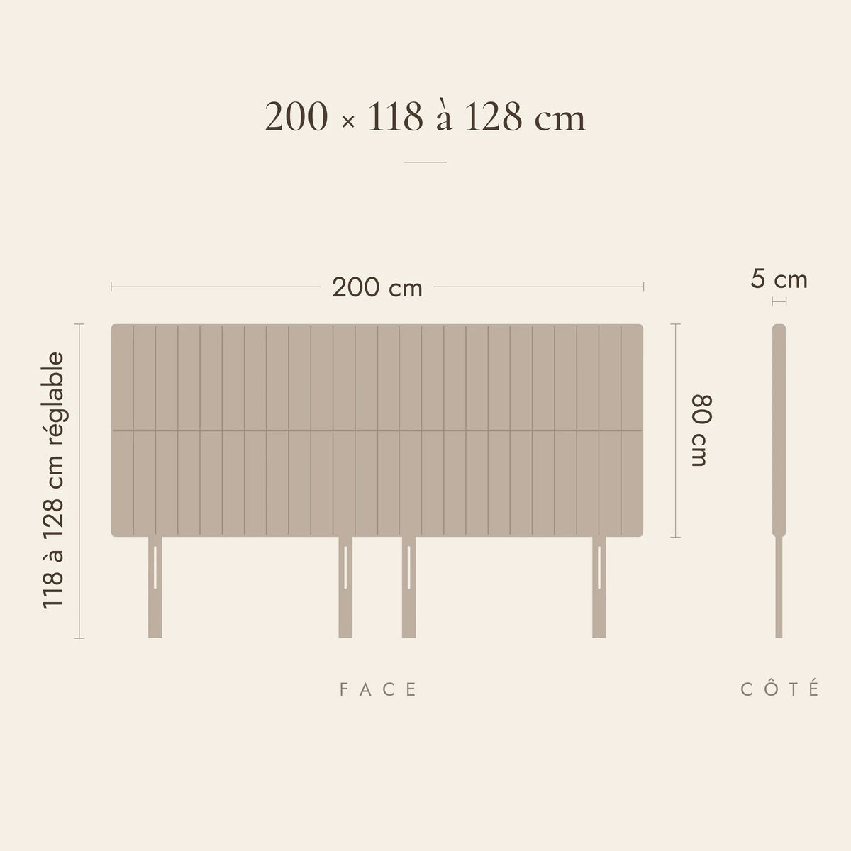 Dimensions de la tête de lit Étoile pour un lit de 200 cm : 200 cm de large, 118 à 128 cm de haut