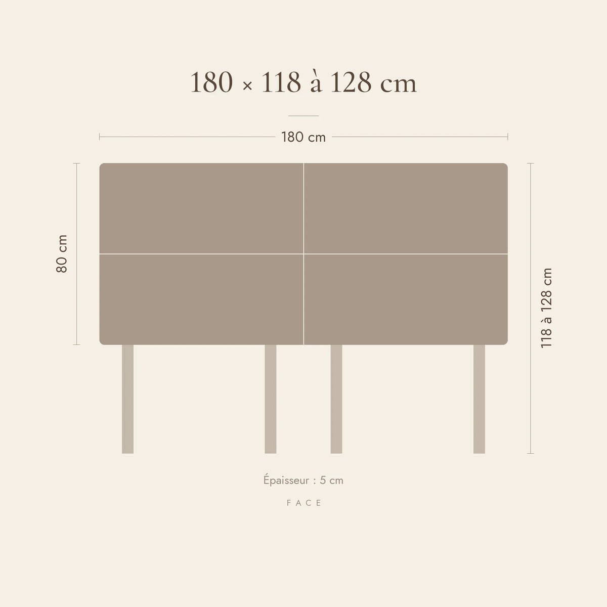 Dimensions de la tête de lit Châtelet pour un lit de 180 cm : 180 cm de large, 118 à 128 cm de haut