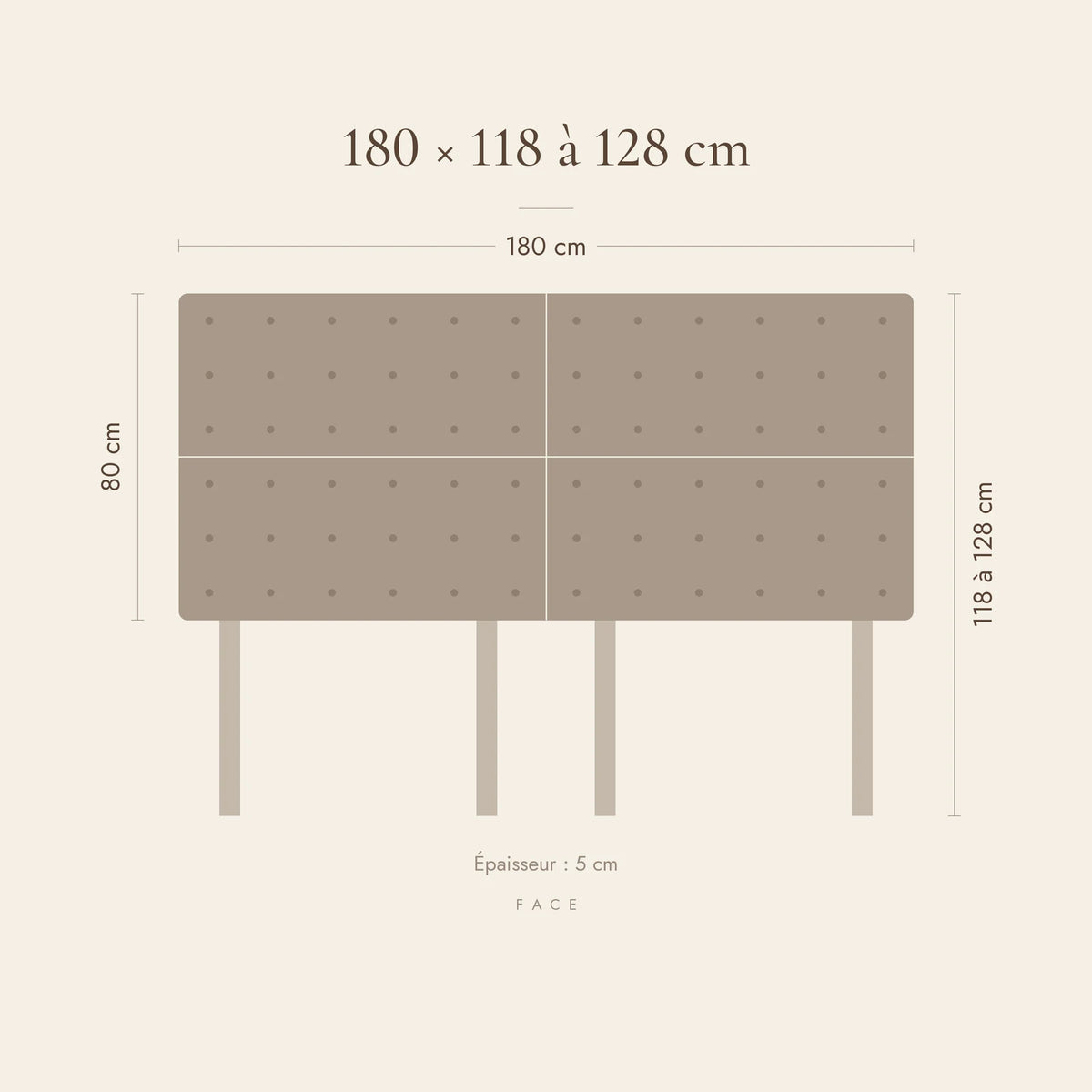 Dimensions de la tête de lit Invalides pour un lit de 180 cm : 180 cm de large, 118 à 128 cm de haut