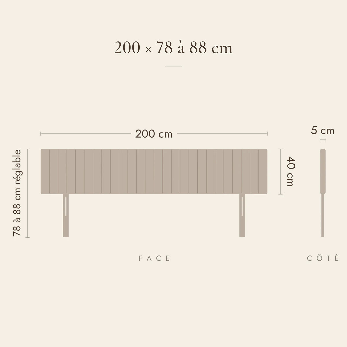 Dimensions de la tête de lit Madeleine pour un lit de 200 cm : 200 cm de large, 78 à 88 cm de haut