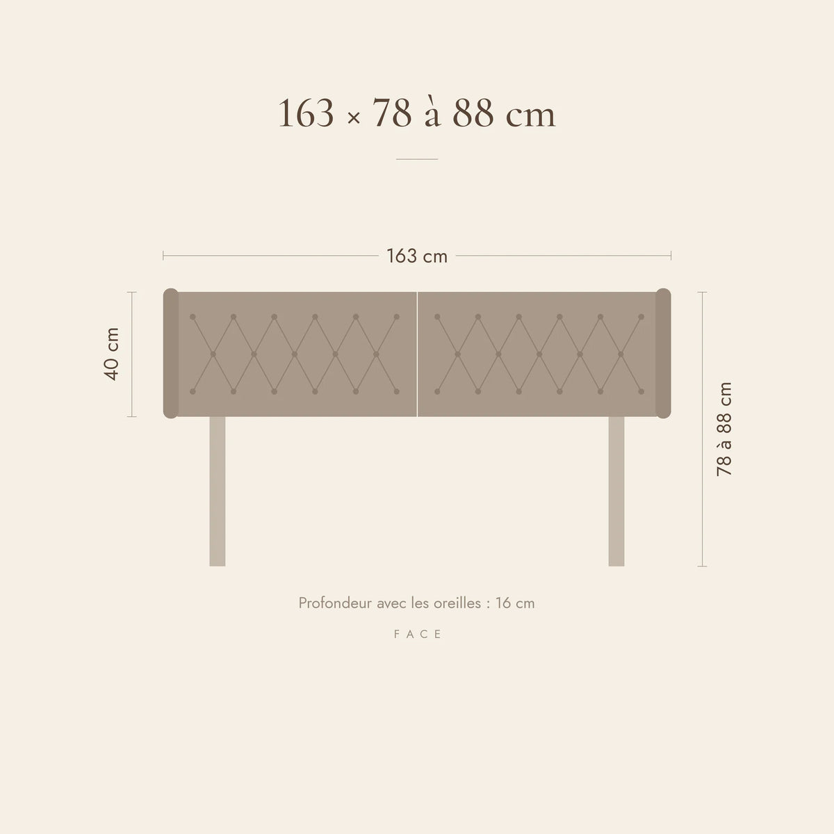 Dimensions de la tête de lit Montaigne pour un lit de 160 cm : 163 cm de large, 78 à 88 cm de haut
